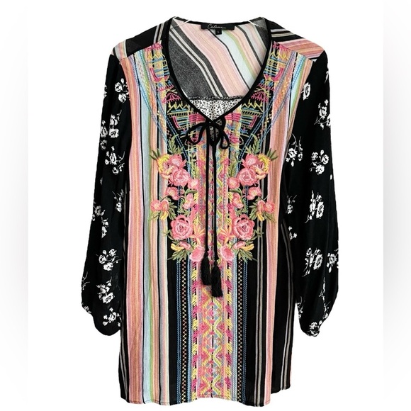 CALESSA EMBROIDERED FLORAL STRIPED SPLATTER DOT 3/4 SLEEVES TOP SZ L - Picture 4 of 6